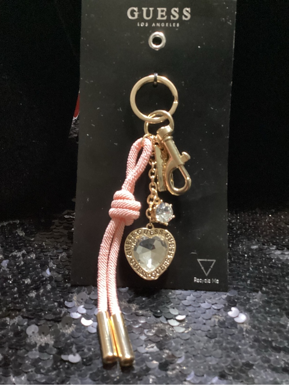 GUESS Pink Cord Heart Crystal Keyring with Gold-Tone Hardware